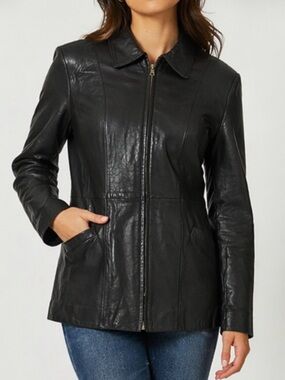 Black Leather Jacket Zip Front by Laura Leigh Size Large